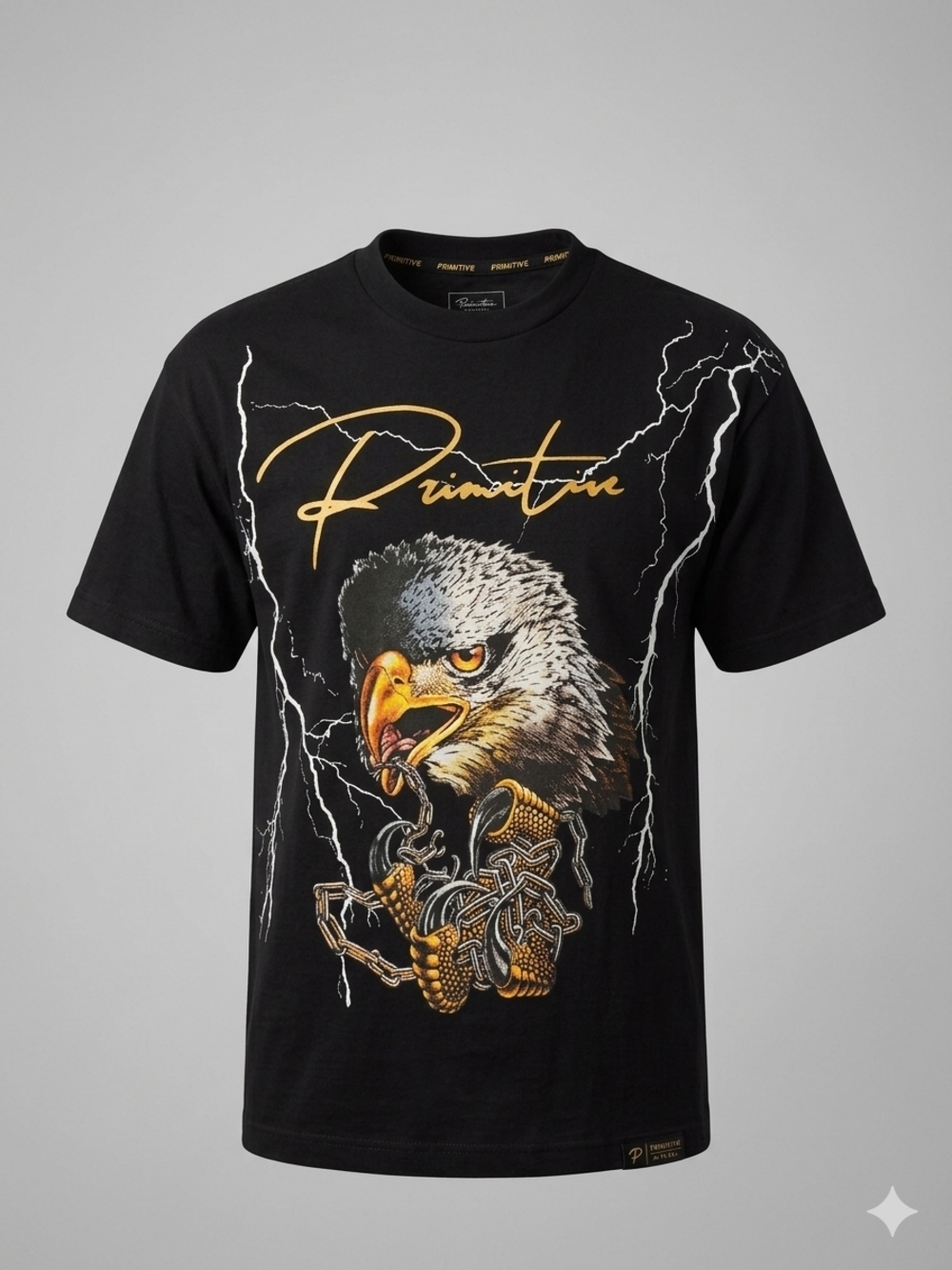 Primitive Black Tee with Gold & White Eagle Graphic Medium Skateboarding